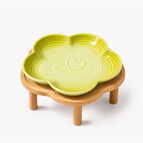 Vista 12 de PawsPik Plato de cerámica para gatos con soporte de bambú elevado, color Rosa