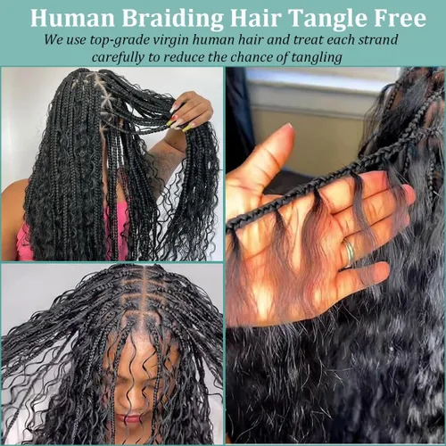 Vista 3 de Cabello humano trenzado para trenzas bohemias, cabello humano trenzado, sin trama, húmedo y ondulado, extensiones de cabello humano trenzado