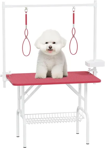 Vista 10 de Mesa profesional de aseo para perros y mascotas, ajustable, resistente, portátil, con brazo y lazo y bandeja de malla (gris, 36 pulgadas)