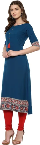 Vista 4 de Janasya Mujeres Azul Impreso Túnica TopsKurti Con Borlas