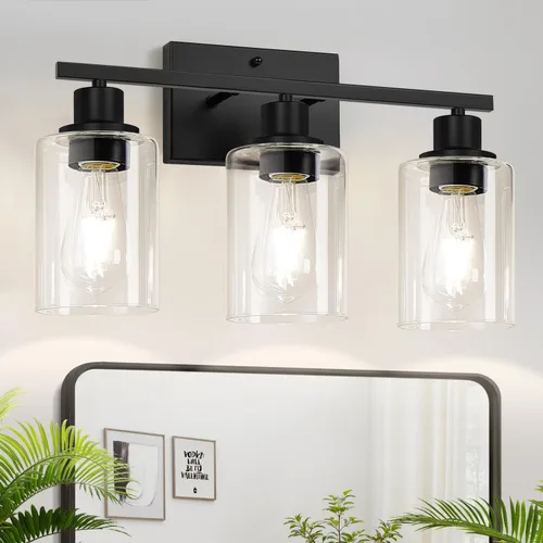 Vista 16 de MOKATNG Juego de 2 apliques de pared para baño, luces de tocador modernas negras con pantalla de vidrio blanco, lámpara de pared de baño