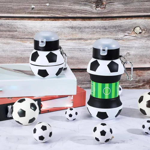 Vista 5 de Mifoci 6 botellas de agua de fútbol para niños de 19 onzas, botella de agua plegable de silicona deportiva con forma de bola exprimible para niños