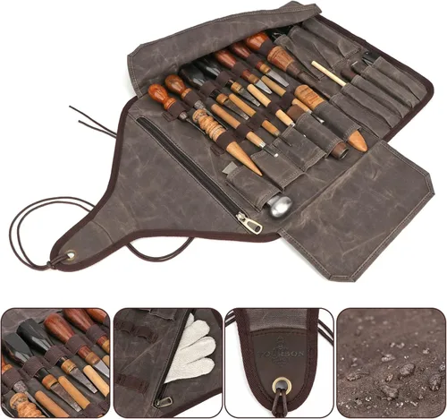 Vista 4 de TOURBON - Bolsa enrollable de lona encerada con 25 ranuras de almacenamiento divididas Estuche de transporte de cincel de tallado de madera, bolsa