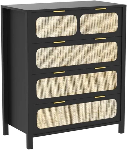 Vista 4 de Cómoda de 4 cajones, moderna cómoda de ratán con cajones anchos y asas de metal, cómoda de almacenamiento de madera de granja para dormitorio, sala