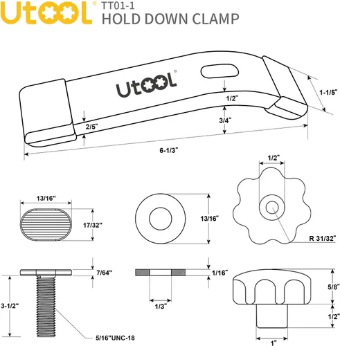 Vista 3 de UTOOL Paquete de 2 Abrazaderas de Sujeción para Riel en T Kit con Pernos en T de 3-1/2", 6-1/3" L x 1-1/5" de Ancho, Abrazaderas Anodizadas