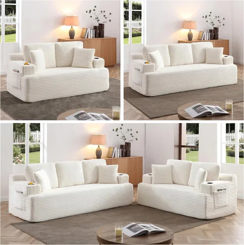 Vista 7 de Sofá sin hueso de 66.5 pulgadas con portavasos y bolsillos laterales, sofá biplaza tapizado de tela de pana moderna con 2 almohadas para sala