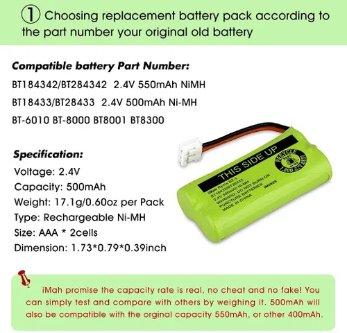 Vista 4 de iMah BT18433/BT28433 2.4V 500mAh Ni-MH batería inalámbrica para teléfono, también compatible con AT&T BT184342/BT284342 BT8300 BT1011 BT1018 BT1022