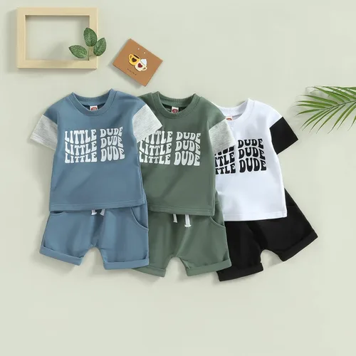 Vista 63 de Conjunto de traje de verano para bebé niño pequeño, manga corta, cuello redondo, letras impresas, lindo traje de verano, conjunto de 2 piezas