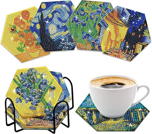 Vista 4 de NUFTVI Van Gogh - Juego de posavasos de pintura de diamantes con soporte, kit de posavasos de arte de diamante de cristal completo 5D para adultos.