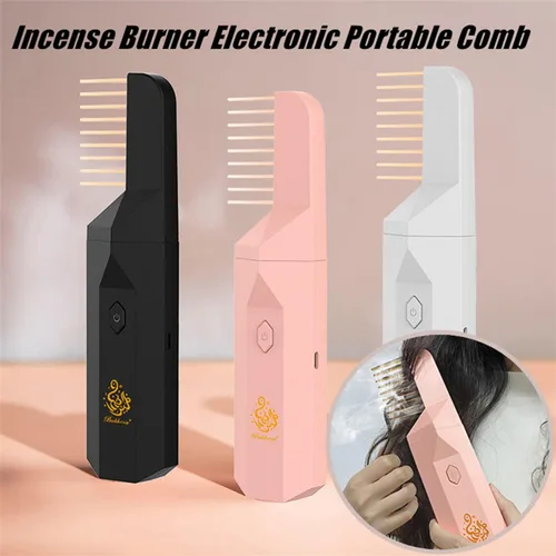 Vista 2 de Quemador de incienso árabe, peine electrónico portátil Bakhoor, difusor de aroma musulmán de Ramadán, soporte recargable por USB (negro)