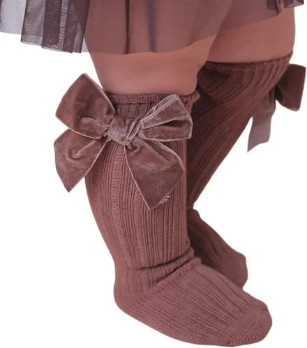 Vista 2 de Kayotuas Calcetines altos hasta la rodilla con lazos, calcetines de uniforme con volantes de tubo largo, calcetines de punto acanalado para bebés
