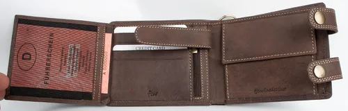 Vista 4 de FLW Cartera de cuero genuino marrón para hombre con cadena de 20 pulgadas de largo para colgar, Marrón, Cartera grande