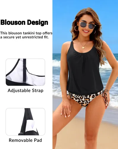 Vista 3 de Holipick Traje de baño tankini de dos piezas para mujer, con control de abdomen, parte superior tankini modesta con parte inferior de bikini