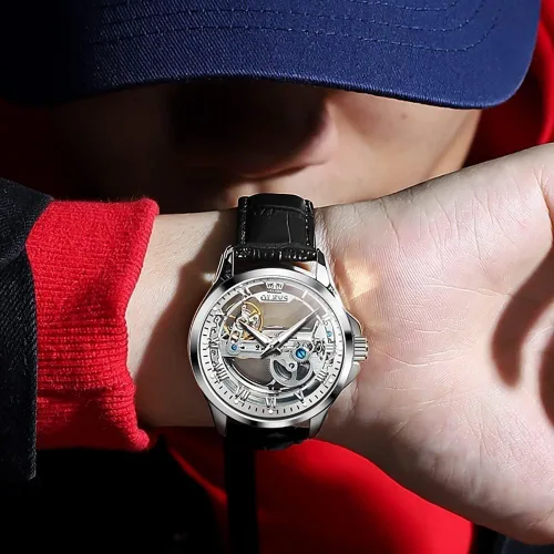 Vista 17 de OLEVS Relojes de esqueleto para hombre, automático, mecánico, de lujo, de cuero, impermeable, luminoso, reloj de pulsera para hombre