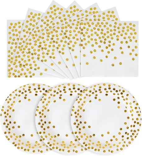 Vista 10 de Platos de papel negro y dorado, paquete de 50 unidades, 25 platos de papel de 7 pulgadas y 25 servilletas de 6.5 pulgadas, platos negros