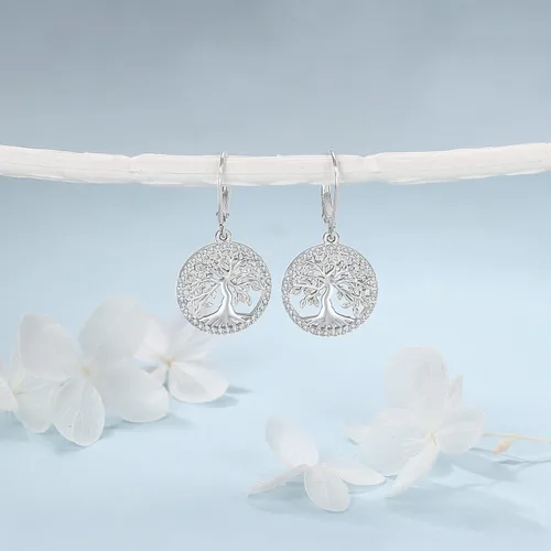 Vista 3 de Aniu Aretes colgantes de árbol de la vida, flor, turquesa, ópalo azul, malaquita, ágata musgo, lágrima, para mujer, plata de ley, aniversario