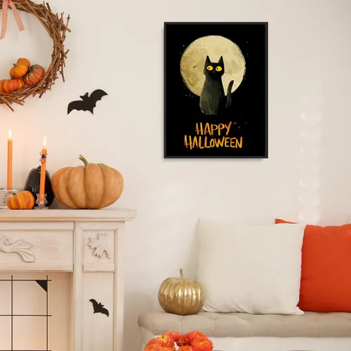 Vista 4 de Bonito arte de pared de gato negro de Halloween, divertido póster de lienzo de luna llena con ojos amarillos y cita de Feliz Halloween