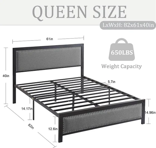 Vista 9 de VECELO Marco de cama tamaño Queen con cabecera tapizada, plataforma resistente con listones de metal fuertes, no necesita somier, fácil montaje