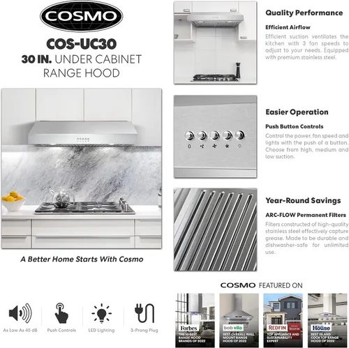 Vista 6 de COSMO UC30 Campana extractora con conductos debajo del gabinete de 29.5 pulgadas, ventilación sobre la estufa, ventilador de 3 velocidades, filtros