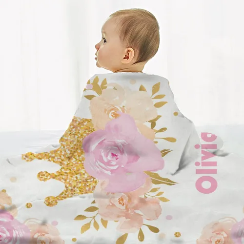 Vista 4 de Manta personalizada con nombre, manta de bebé súper suave con nombre, flor y corona, regalos para bebés y niñas, adecuada para recién nacidos