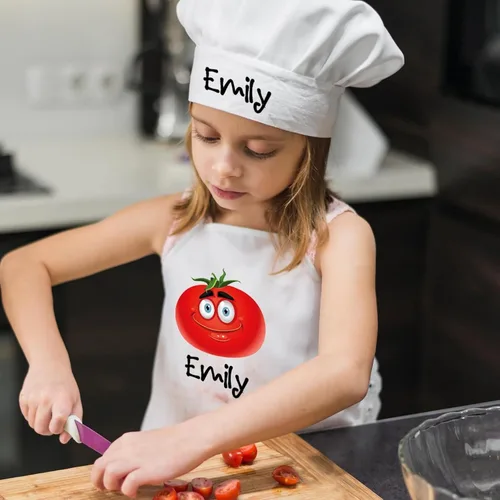 Vista 2 de Juego de delantal personalizado y sombrero de chef con nombre personalizado para niños y sombrero de chef ajustable para cocinar, hornear, cocina