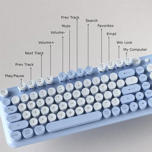 Vista 5 de Teclado Bluetooth inalámbrico, teclas redondas retro de tamaño Azul