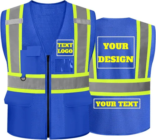 Vista 8 de Chaleco de seguridad reflectante de malla con logotipo personalizado Clase 2 con 5 bolsillos y cremallera