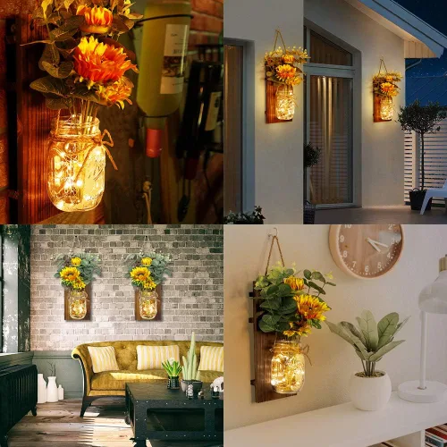 Vista 6 de OurWarm Juego de dos apliques de pared de girasol, apliques de tarro de masón, decoración de pared de granja viene con control remoto y luces LED