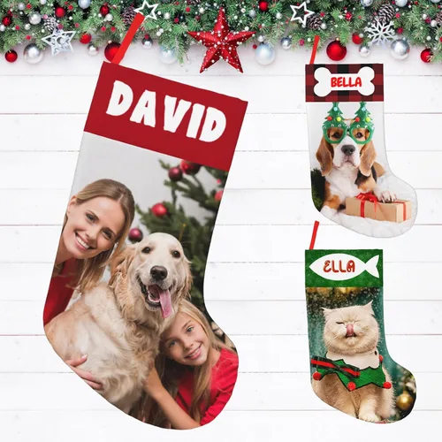 Vista 7 de Medias de Navidad personalizadas de 18 pulgadas, medias personalizadas de Navidad con nombre, imagen personalizada, gato, mascota, adorno