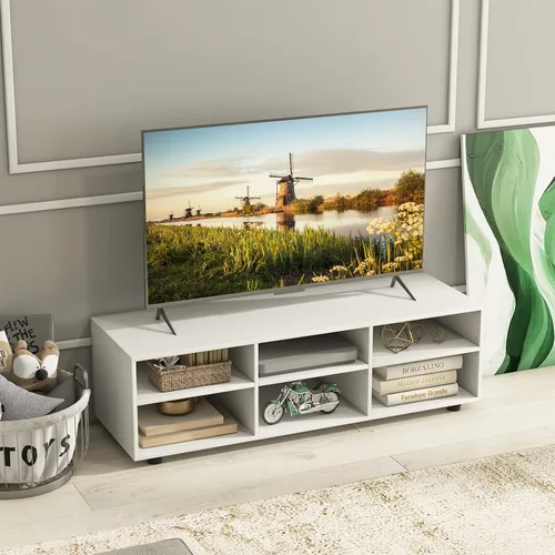 Vista 4 de Tangkula Soporte de TV con 6 compartimentos para televisores de hasta 55 pulgadas, centro de entretenimiento de madera blanca con 6 cubos