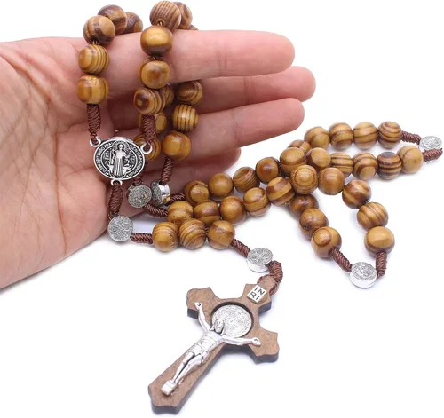 Vista 3 de Dreuyet Collar de rosario para hombres y mujeres, único, bohemio, hecho a mano, cuerda de cáñamo vintage, cuentas de madera natural, trenzadas