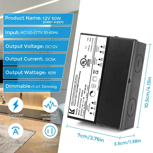 Vista 2 de Controlador LED regulable de 12 V 60 W, Triac/ELV/MLV/0-10V/1-10V/PWM/V-R, fuente de alimentación de CA a CC, transformador LED impermeable IP67