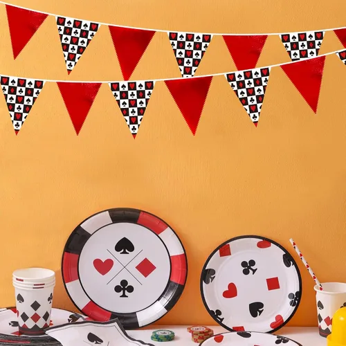 Vista 3 de Decoraciones de fiesta de casino de 32 pies, pancarta roja y negra, bandera triangular, banderines de tela para noche de juegos, temática de Las