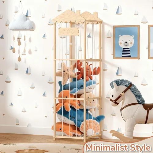 Vista 8 de AMBIRD Almacenamiento de animales de peluche, soporte de madera para zoológico, organizadores de juguetes grandes para niños, almacenamiento