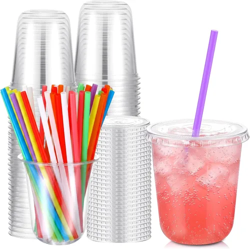 Vista 7 de Ziliny - Paquete de 50 vasos de plástico de 12 onzas con tapas, pajitas