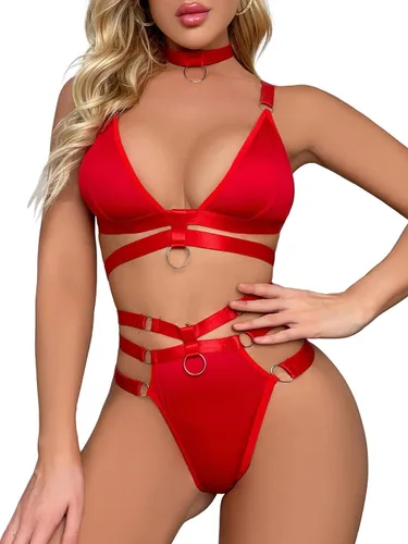 Vista 4 de Lilosy Conjunto de lencería con tiras de arnés vinculado con anillo sexy
