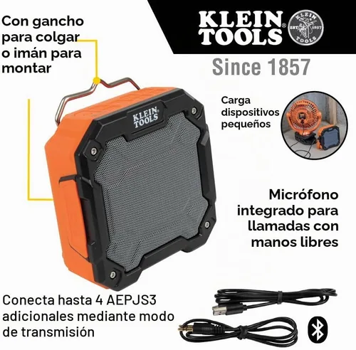 Vista 3 de KLEIN TOOLS AEPJS3 - Altavoz Bluetooth para el lugar de trabajo con imán y gancho, 20 horas de tiempo de funcionamiento, carga a través de USB A