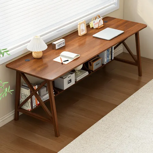 Vista 16 de NELYE Escritorio Extra Largo con Estantería - Mesa de Trabajo de Estudio de Oficina en Casa de Madera, Estación de Trabajo de Computadora de Roble