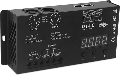 Vista 3 de Controlador LED DMX de alta potencia DMX 512 Decodificador Dimmer Driver DC12V-24V para tira led rgb o luces (1 canal de un solo color (actualizado))