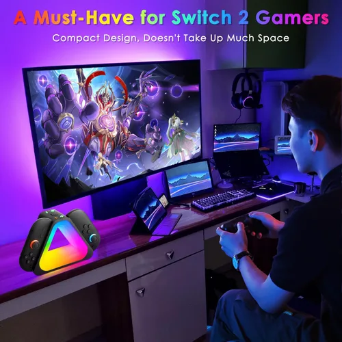 Vista 7 de Base de carga para controladores Switch2 Joy-Cons, estación de carga de 4 puertos con 7 modos de luz RGB, carga rápida para Nintendo Switch2