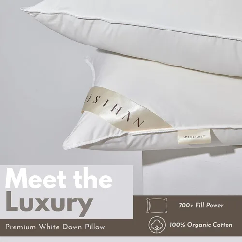 Vista 2 de Almohadas de plumón de ganso prémium tamaño Queen – 700+ potencia de relleno, almohada de plumón para dormir de lado, 100% algodón 500 hilos
