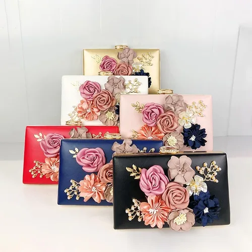 Vista 7 de Bolso de noche floral para mujer, bolso de embrague de novia con flores 3D, elegante banquete de boda, baile de graduación, bolso de noche
