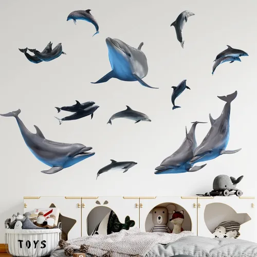 Vista 5 de Calcomanías de pared de delfín nariz de botella extraíbles 3D, calcomanías de pared de delfín para despegar y pegar, decoración de pared de delfines