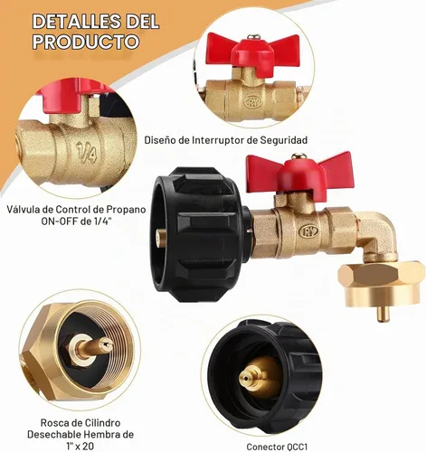 Vista 3 de Adaptador de recarga de propano Convertidor de 20 libras a 1 lb con válvula de control de encendido/apagado
