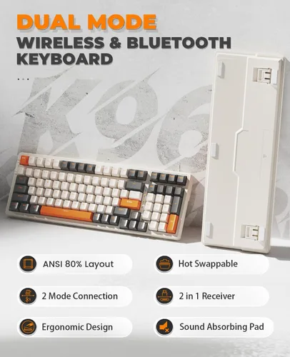 Vista 2 de MAGIC-REFINER Teclado mecánico inalámbrico RK96, modo dual 2.4GBT5.0 receptor 2 en 1, 100 teclas intercambiables en caliente, interruptores rojos