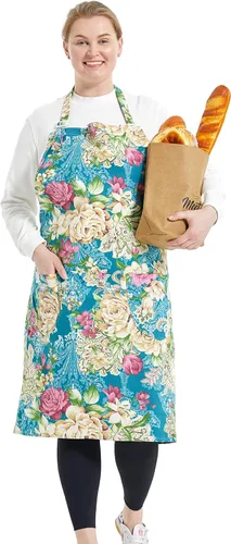 Vista 11 de Delantales de algodón y lino para hornear, talla grande, para mujer, con bolsillos, cocina
