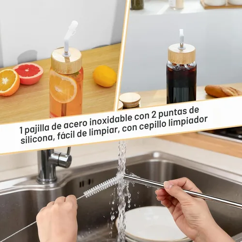 Vista 5 de Botella de agua de vidrio de 32 onzas con popote, reutilizable, ecológica, sin bisfenol A, botellas de agua de vidrio de borosilicato con 2 tapas