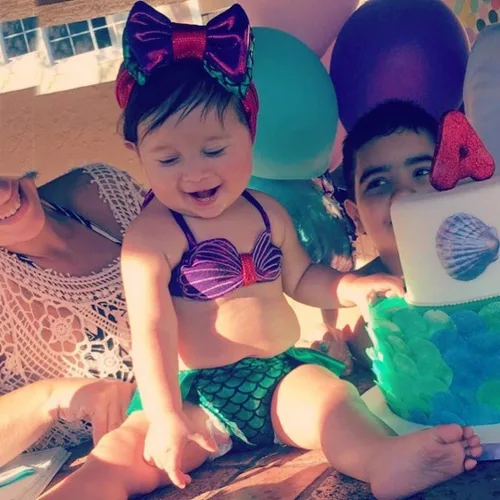 Vista 2 de Traje de baño de sirena para niños pequeños, conjunto de bikini con diadema, conjunto de 3 piezas