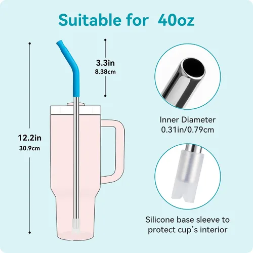 Vista 4 de Paquete de 4 pajitas de metal reutilizables de acero inoxidable para vasos de 40 onzas Pajitas largas con puntas de silicona coloridas, cepillos