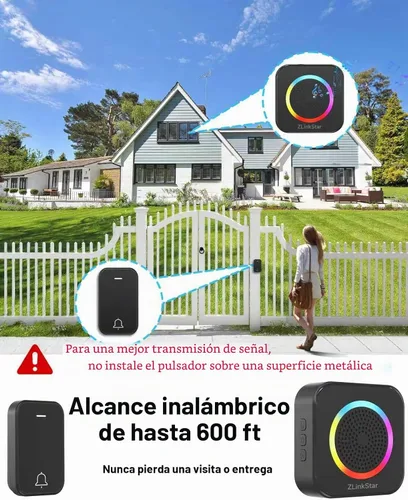 Vista 4 de Kit de timbre inalámbrico, timbre autoalimentado sin batería, rango de 600 pies, 63 campanas seleccionables, volumen ajustable con luz RGB, timbre